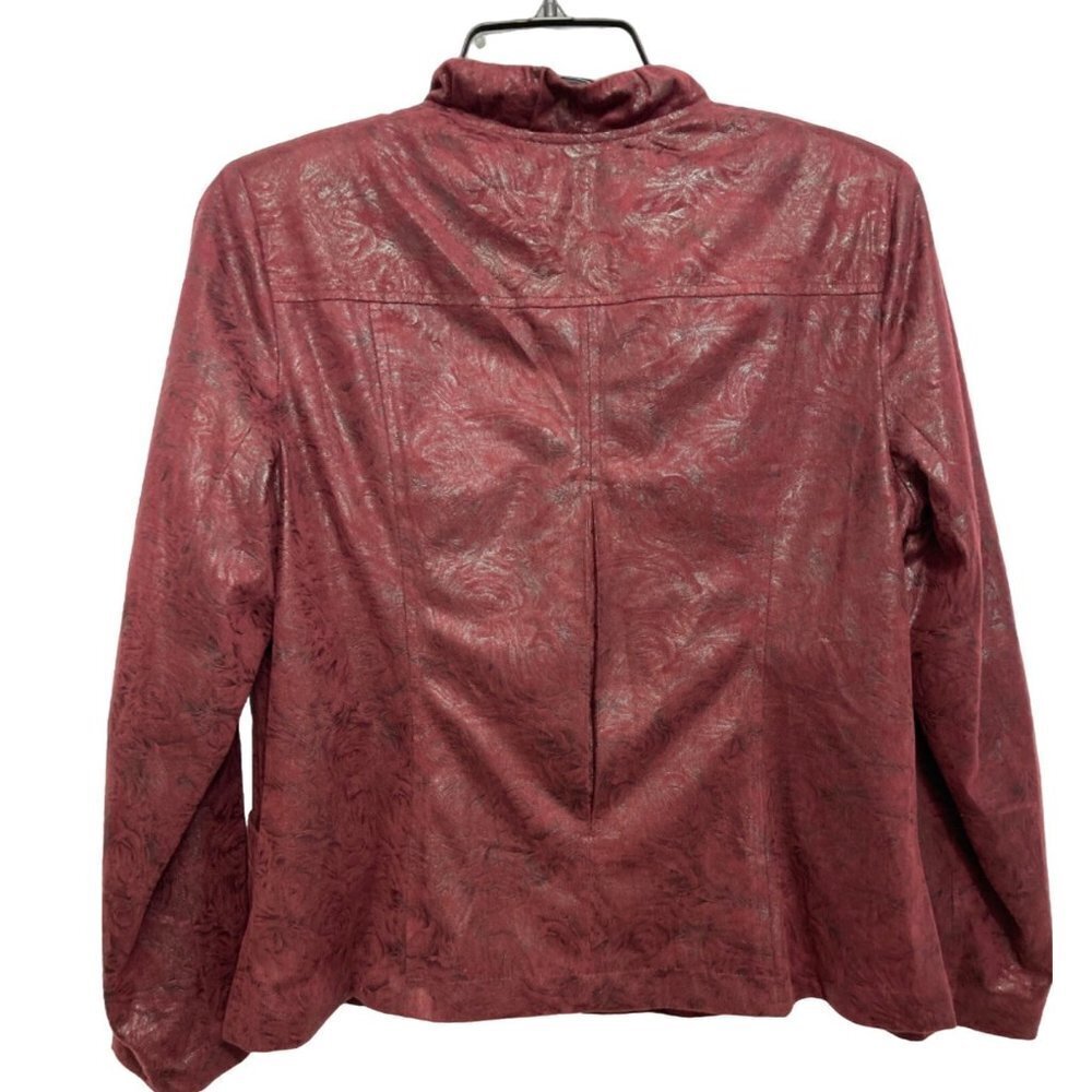ELEMENTZ Maroon Suede-Feel Embossed Jacket Women's XL Full Zip Ruffle Metallic - Picture 2 of 15